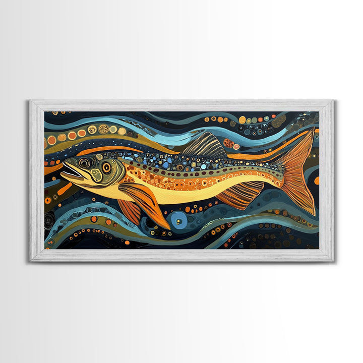Abstract Trout Art, Fly Fishing Art, Rustic Wall Art, Whimsical Art, Framed Canvas Print, Tall Narrow Art, Living Room Art