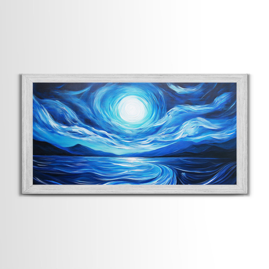 Blue Moon Painting, Moody Art, Nautical Wall Art, Coastal Painting, Framed Canvas Print, Above Couch Art, Extra Wide Art