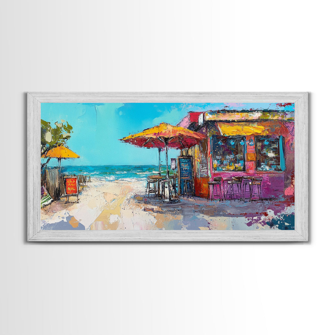 Beach Bar, Coastal Landscape Art, Tropical Art, Nautical Wall Art, Ocean Painting, Extra Wide Art, Framed Canvas Print, Rustic Wall Art