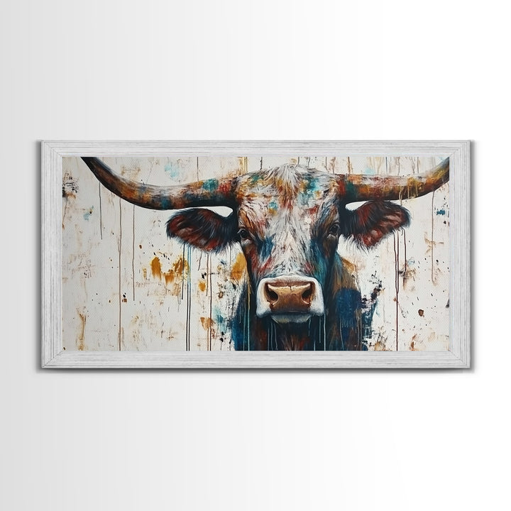 Bull Portrait, rustic decor, farmhouse art, bull and bear art, southwestern wall art, moody art, canvas print, extra wide art