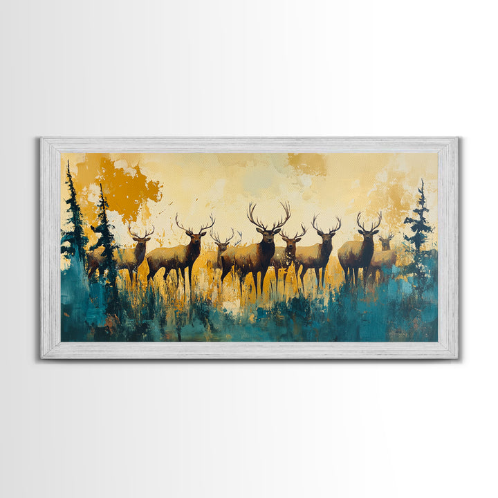 Deer Herd Painting, rustic wall art, farmhouse art, wildlife painting, nature painting, framed canvas print, woodland decor