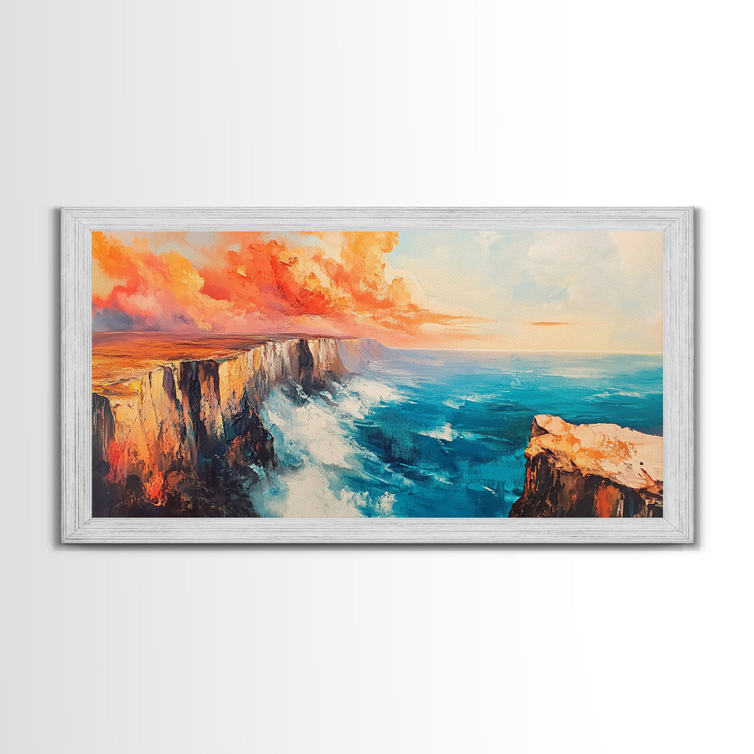 Coastal Cliffs Painting, landscape painting, seascape painting, blue and green wall art, framed canvas print, nautical wall art