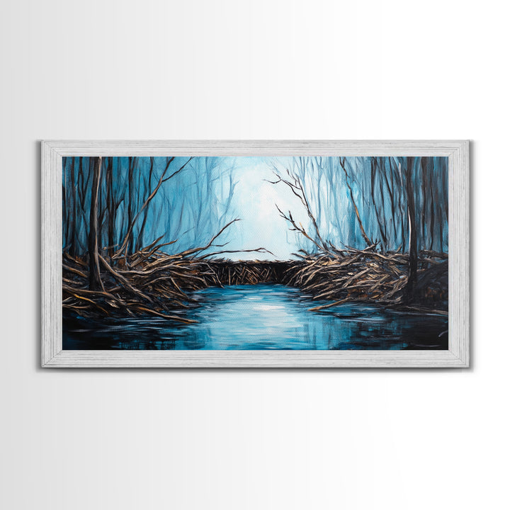 Beavers, river, landscape painting, extra wide art, panoramic painting, moody art, framed canvas print, rustic wall art, bedroom art