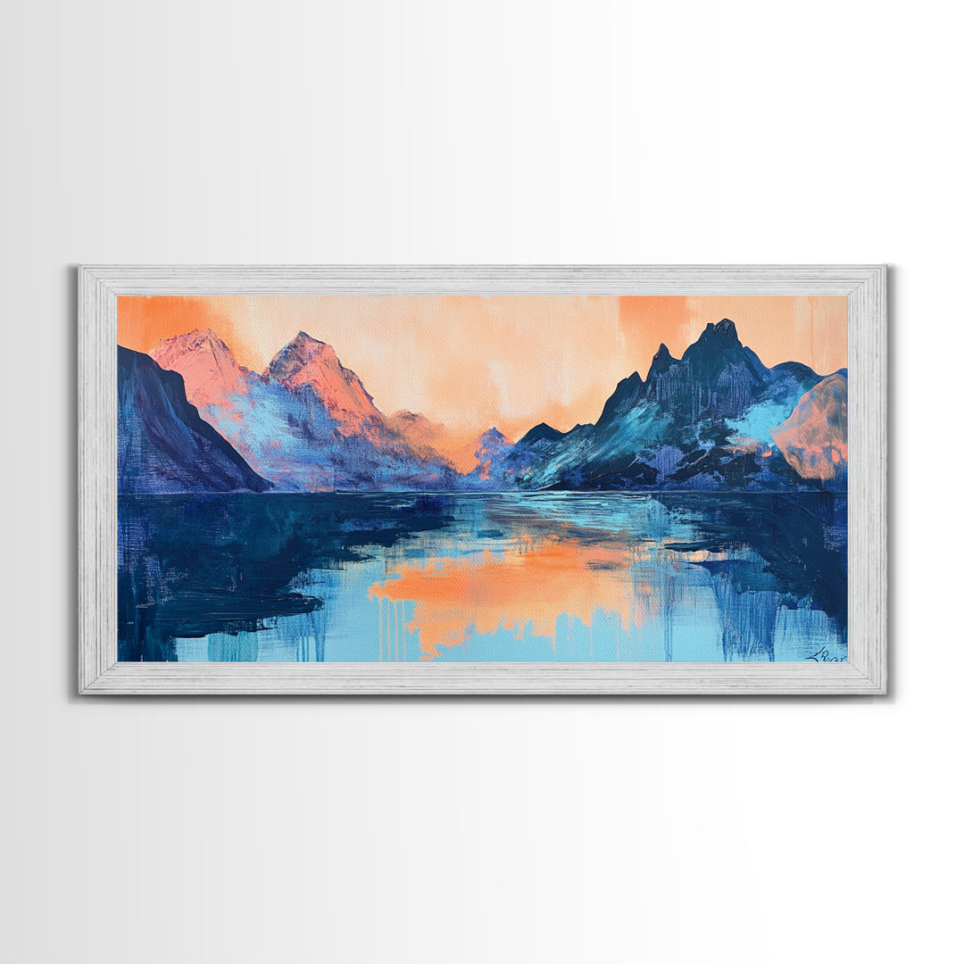 Twilight Peaks, pink orange wall art, framed canvas print, panoramic painting, above sofa art, extra wide art, landscape painting