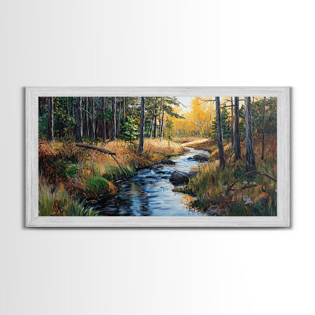Autumn Forest, Creek Painting, Panoramic Art, Framed Canvas Print, Pine Tree Art, Rustic Wall Art, Extra Wide Art, Fall Landscape Painting