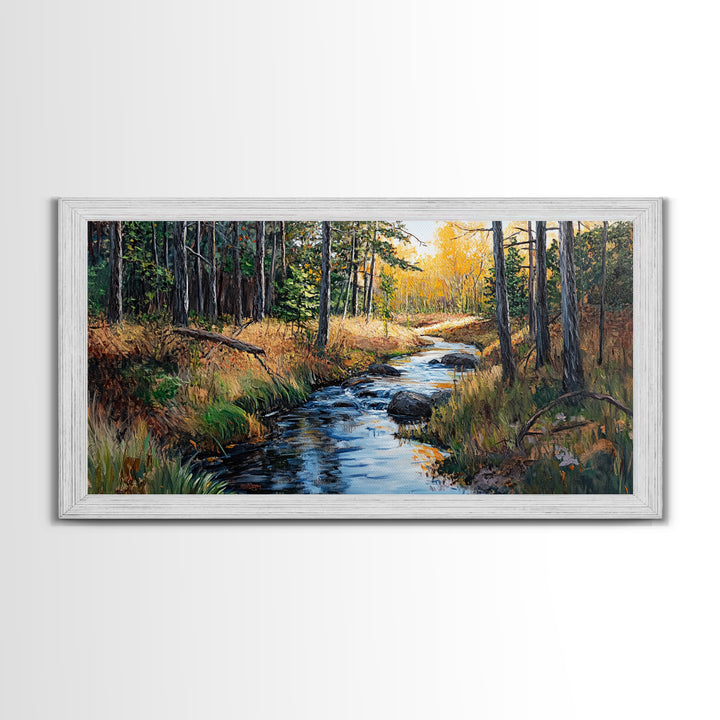 Autumn Forest, Creek Painting, Panoramic Art, Framed Canvas Print, Pine Tree Art, Rustic Wall Art, Extra Wide Art, Fall Landscape Painting
