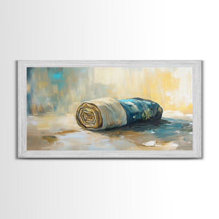 Rolled fabric, oil painting from photo, rustic decor, farmhouse art, wabi sabi art, framed canvas print, horizontal wall art, gift idea