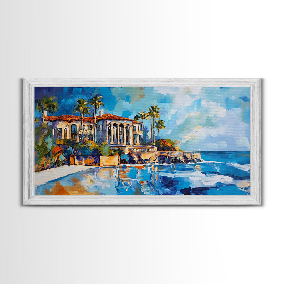 Coastal Mansion, Palm Trees, Panoramic Art, Framed Canvas Print, Coastal Landscape Art, Tropical Decor, Extra Wide Art, Living Room Art