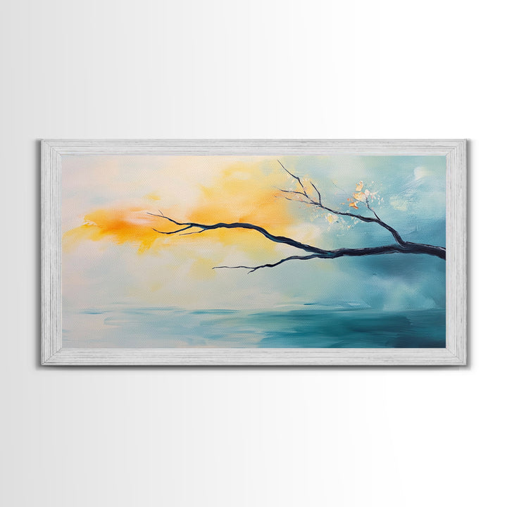 Cherry blossom painting, coastal decor, framed canvas print, minimalist art, abstract landscape, extra wide art, horizontal wall art
