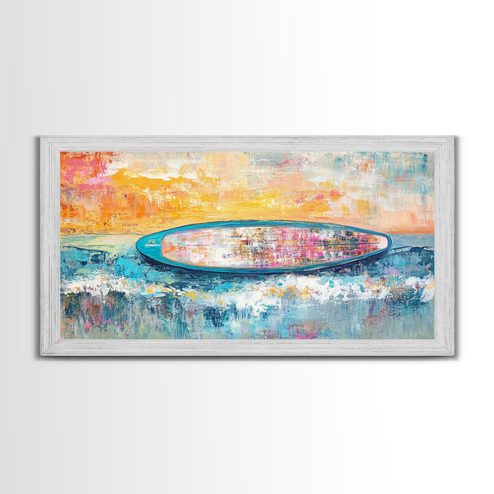 Coastal wall art, surf wall art, framed canvas print, extra wide art, nautical decor, vibrant painting, panoramic art, tropical art