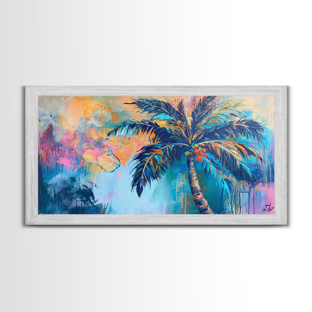 Palm tree painting, coastal wall art, framed canvas print, tropical art, boho art, surf wall art, extra wide art, vibrant wall decor