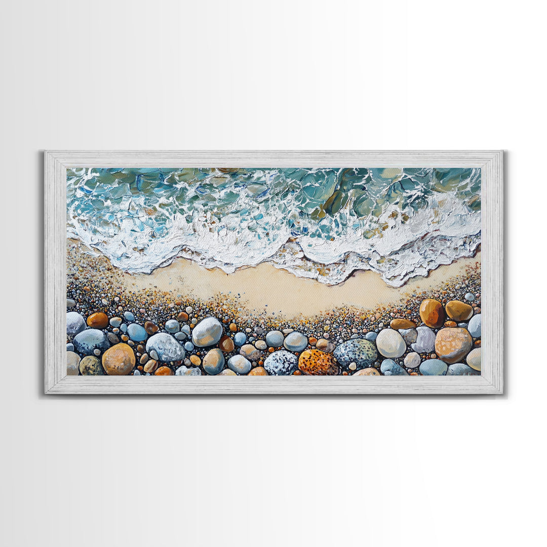 Coastal decor, beach painting, framed canvas print, extra wide art, ocean waves, seascape painting, rustic wall art, nautical wall art