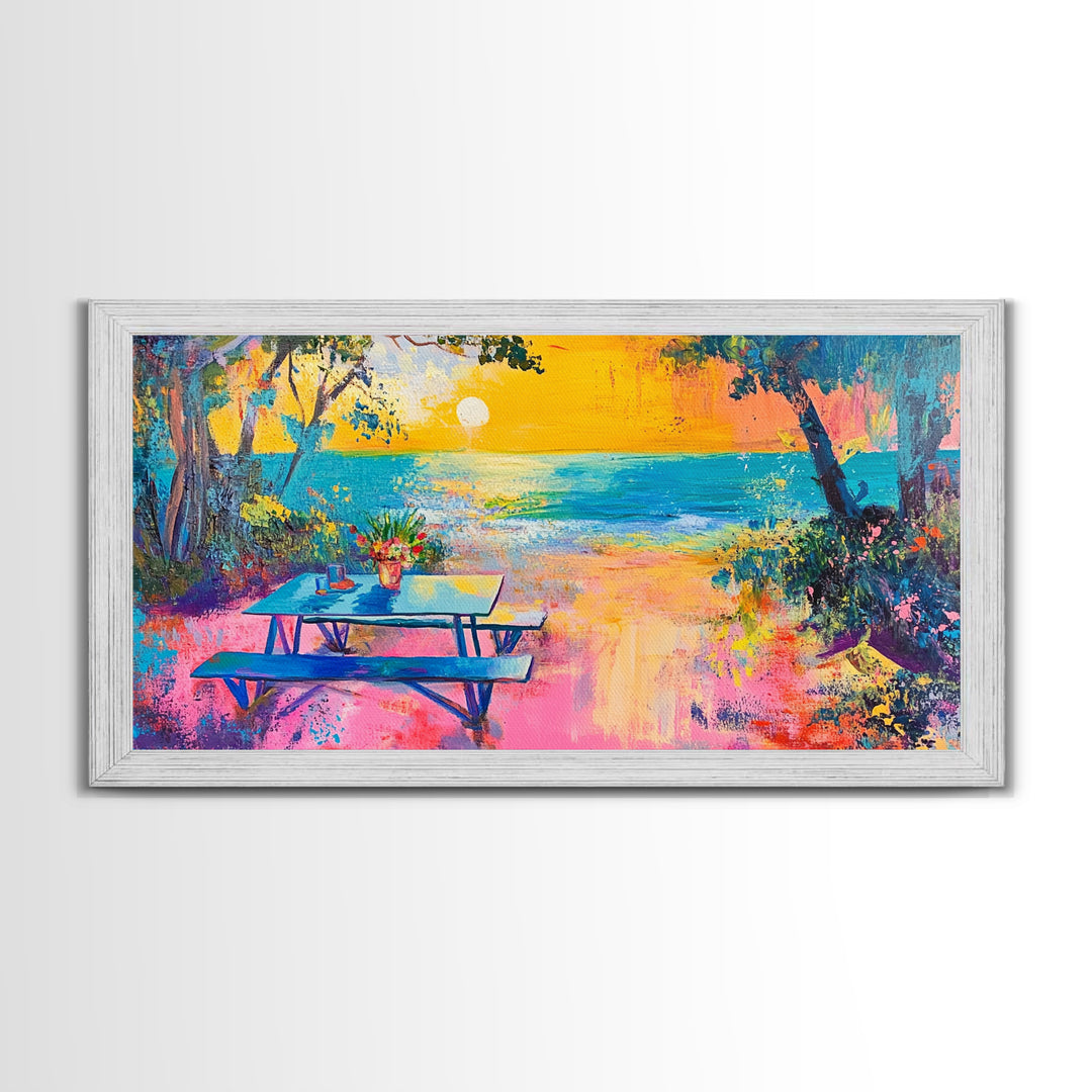 Coastal landscape art, framed canvas print, extra wide art, vibrant sunset painting, tropical beach decor, ocean waves, panoramic art