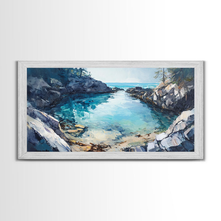 Rocky Coastal Cove, Maine oil painting, nautical decor, seascape painting, extra wide art, above bed wall art, Canvas Print