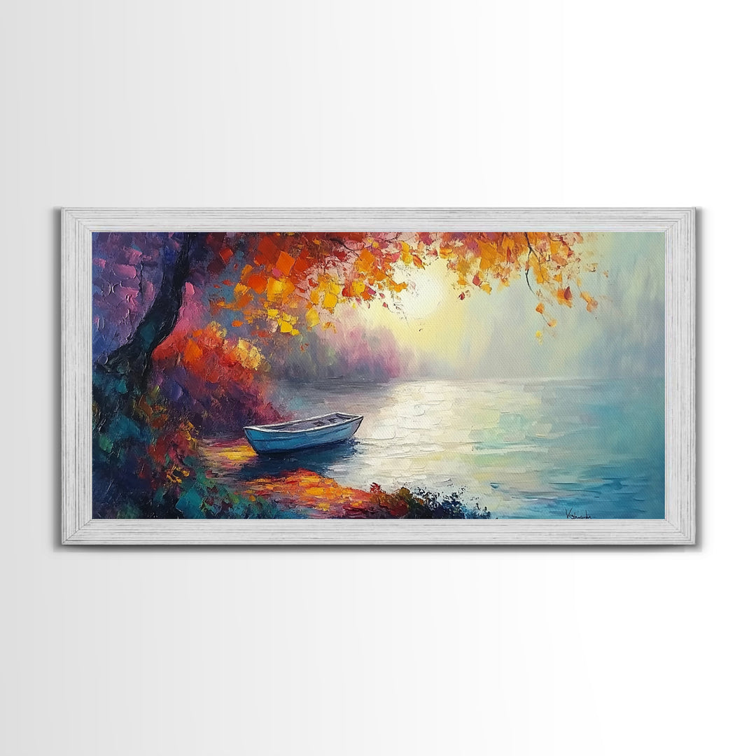 Autumn Lake Scene, landscape painting, fall wall art, framed canvas print, rustic decor, above sofa art, moody art, extra wide art