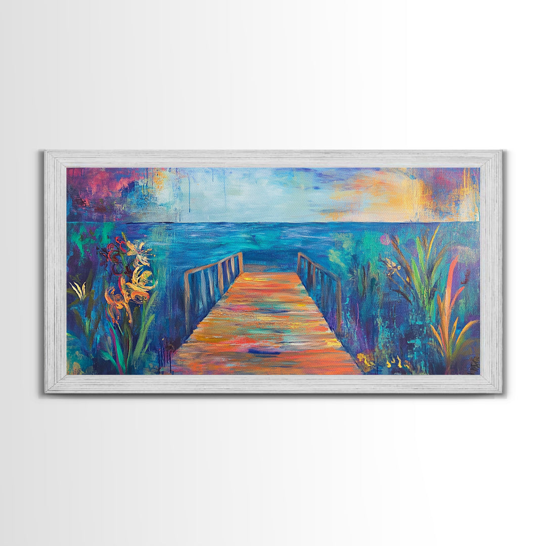 Dock, ocean sunset, coastal painting, coastal landscape art, nautical decor, seascape painting, framed canvas print, above bed wall art