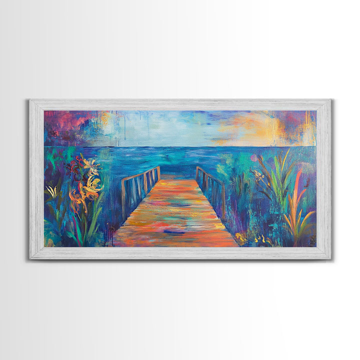 Dock, ocean sunset, coastal painting, coastal landscape art, nautical decor, seascape painting, framed canvas print, above bed wall art