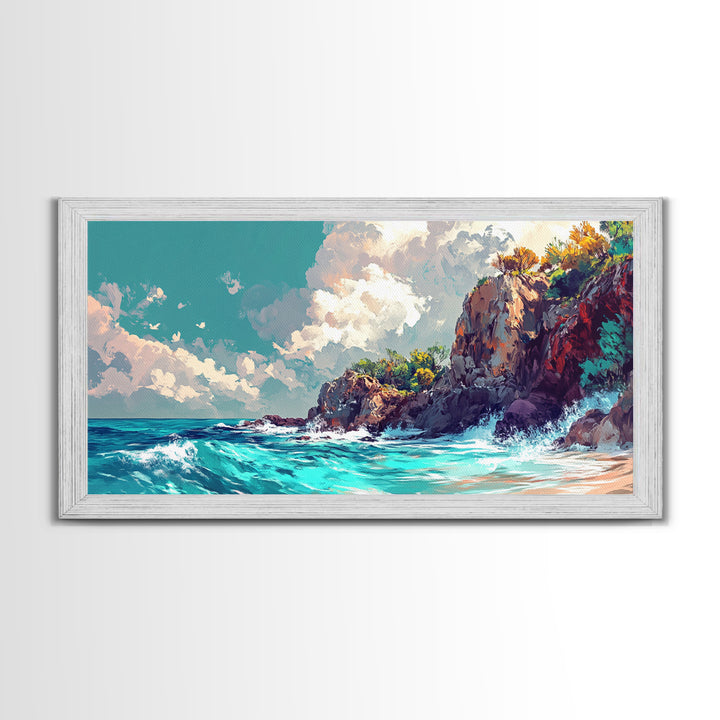 Rocky Cliff Beach, coastal landscape art, framed canvas print, seascape painting, nautical decor, extra wide art, above couch art