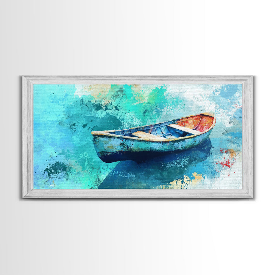Floating Boat, teal watercolor, impressionist seascape, peaceful ocean, nautical painting, Canvas Print, coastal decor, rustic art