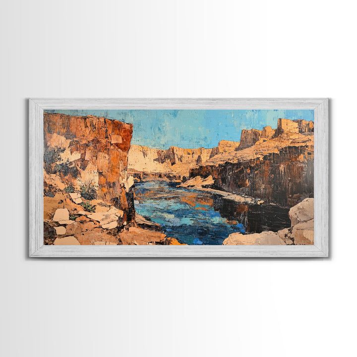 Canyon River, southwest landscape, desert cliffs, textured painting, extra wide art, panoramic art, Framed Canvas Print, rustic decor