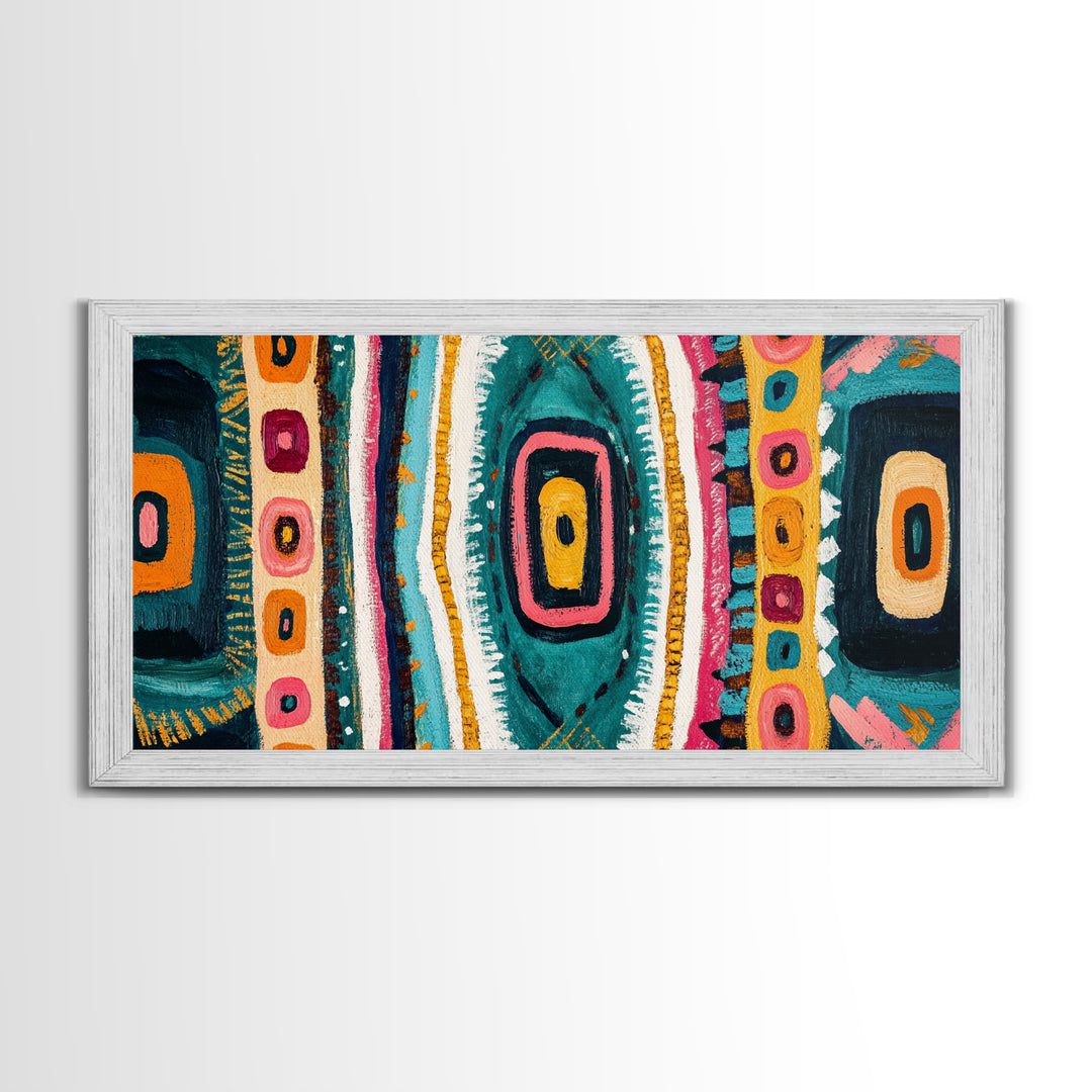 Geometric Abstract, bold colors, sacred geometry art, tribal design, vibrant patterns, extra wide art, Framed Canvas Print, boho art