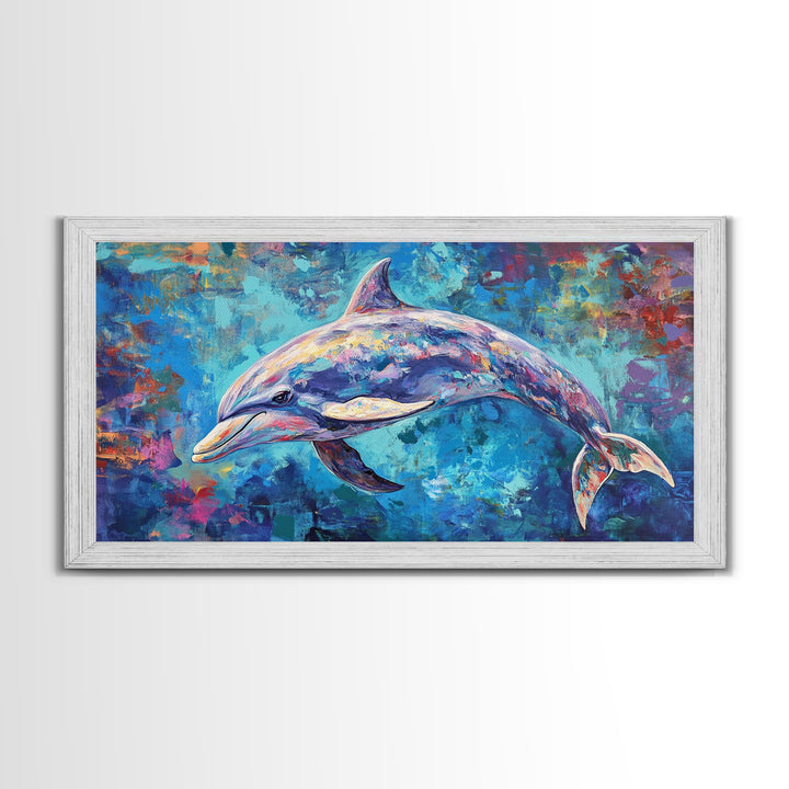 Dolphin Painting, blue and green wall art, coastal decor, nautical painting, framed canvas print, whimsical art, ocean wall art