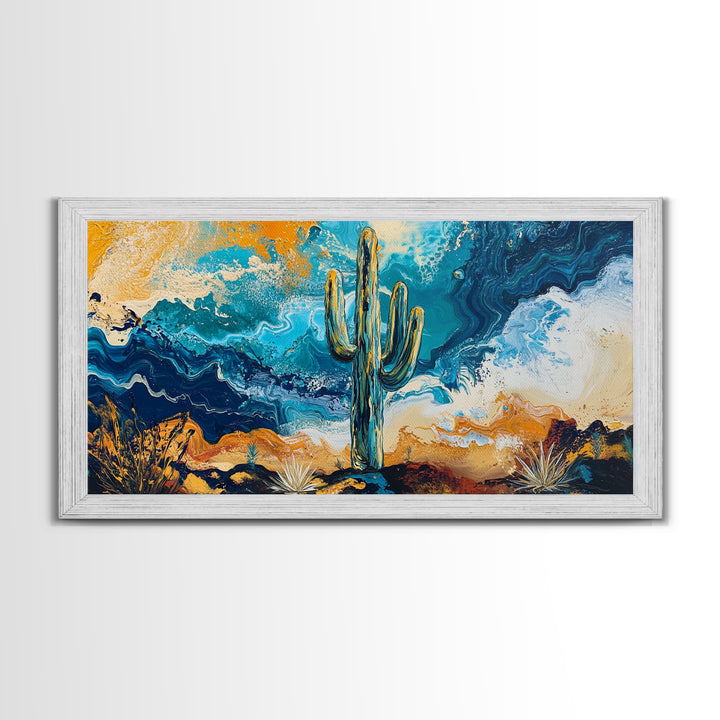 Cactus Desert Art, southwest wall art, Joshua tree art, moody art, rustic decor, extra wide art, panoramic art, Framed Canvas Print