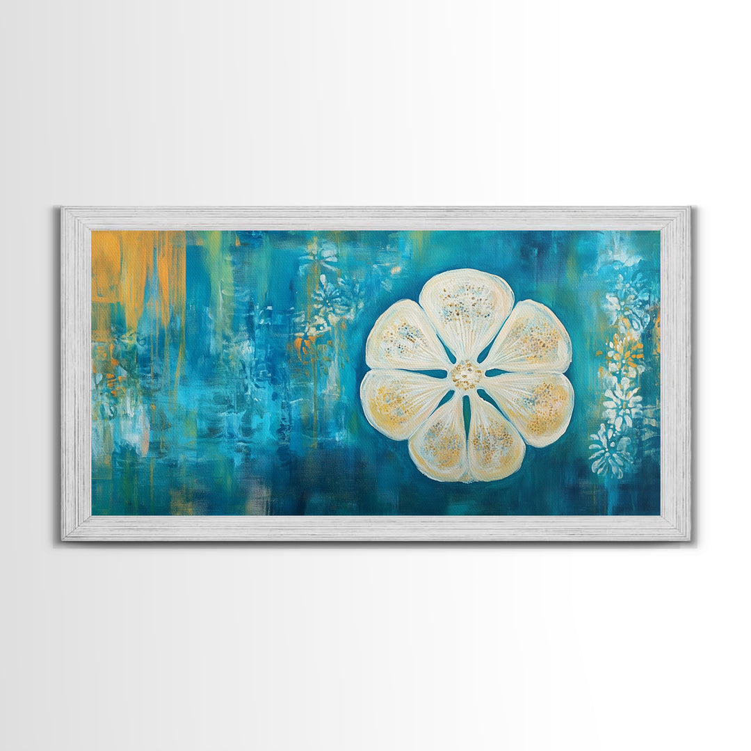 Abstract Floral, Botanical Prints, Coastal Landscape Art, Wabi Sabi Art, Framed Canvas Print, Extra Wide Art, Blue and Gold Wall Art