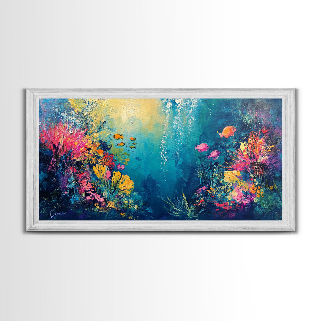 Coral Reef Painting, Coastal Decor, Ocean Wall Art, Nautical Painting, Framed Canvas Print, Underwater Artwork, Marine Life Art