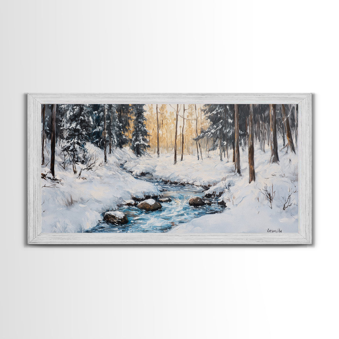 Birch Tree Painting, Snowy River Art, Winter Landscape, Framed Canvas Print, Farmhouse Art, Wabi Sabi Art, Tall Narrow Art