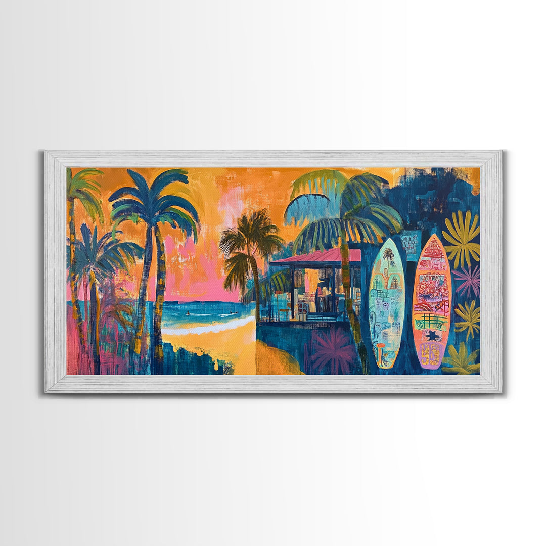 Beach Bar, palm tree painting, surf wall art, coastal decor, nautical wall art, tropical art, above couch art, Canvas Print