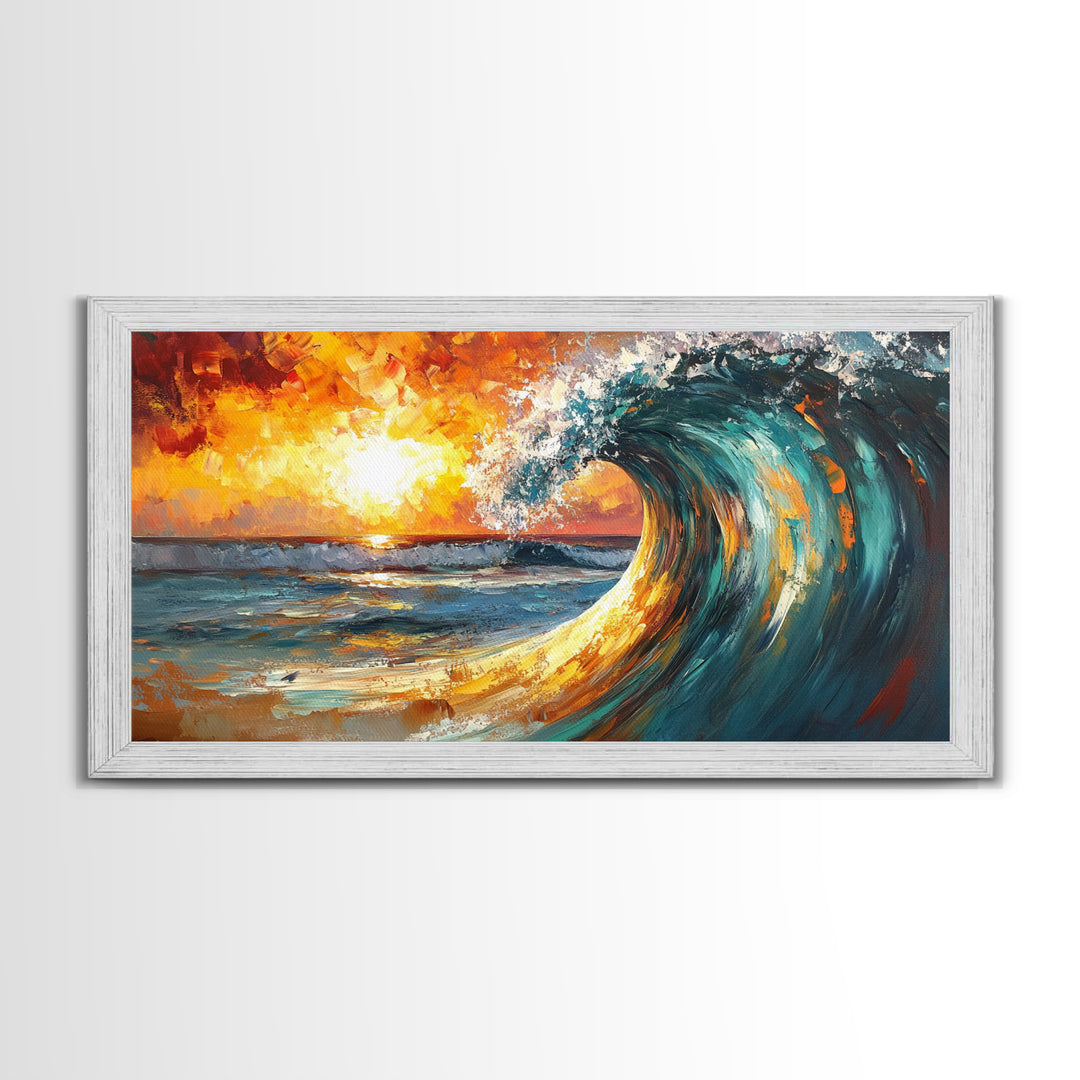 Ocean wave, sunset surf, seascape painting, framed canvas print, surf wall art, nautical painting, coastal decor