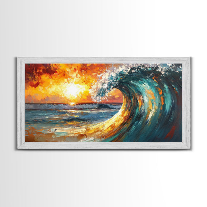 Ocean wave, sunset surf, seascape painting, framed canvas print, surf wall art, nautical painting, coastal decor