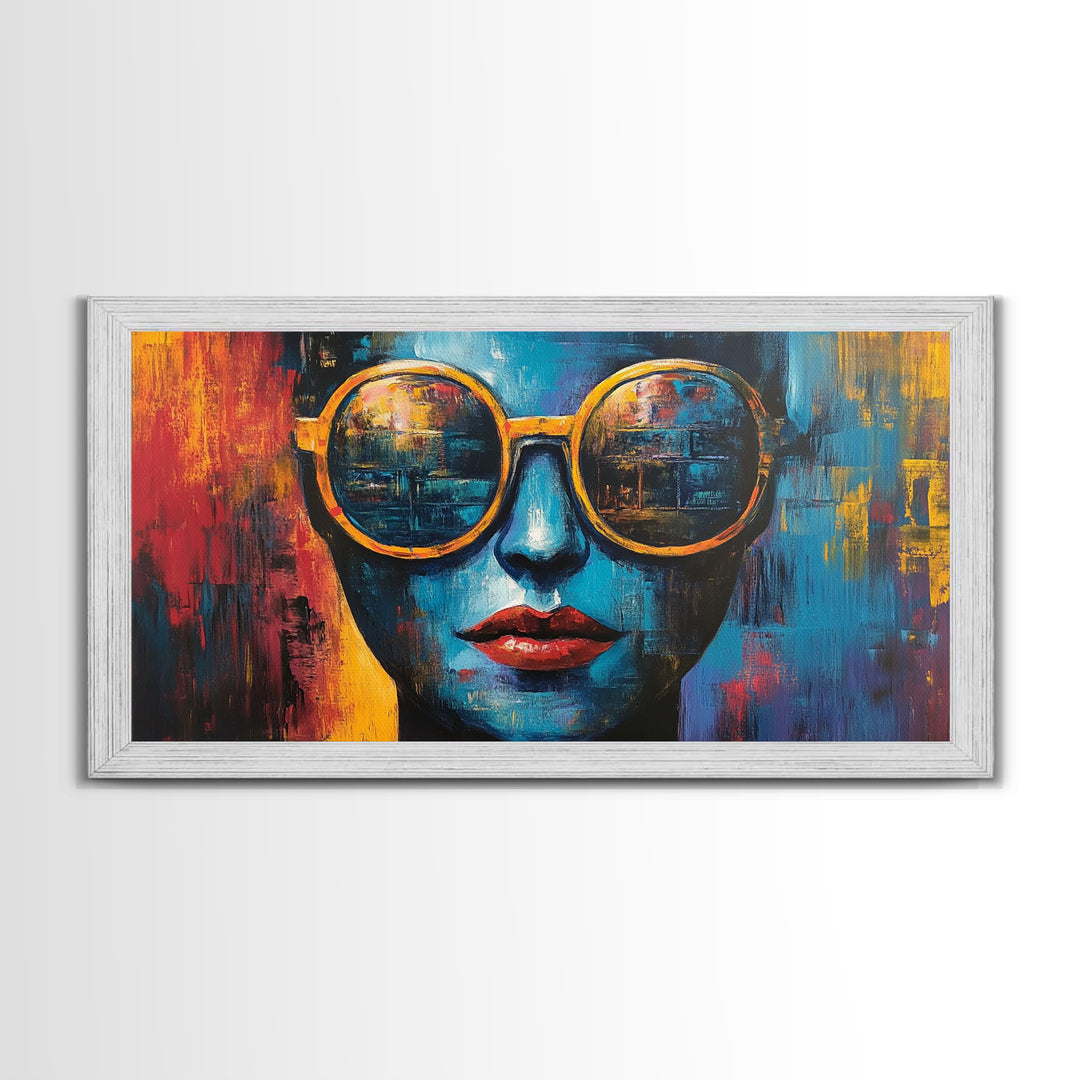 Bold Sunglasses Portrait, graffiti wall art, moody art, chicano art, abstract portrait, pop art decor, gift idea her, Canvas Print