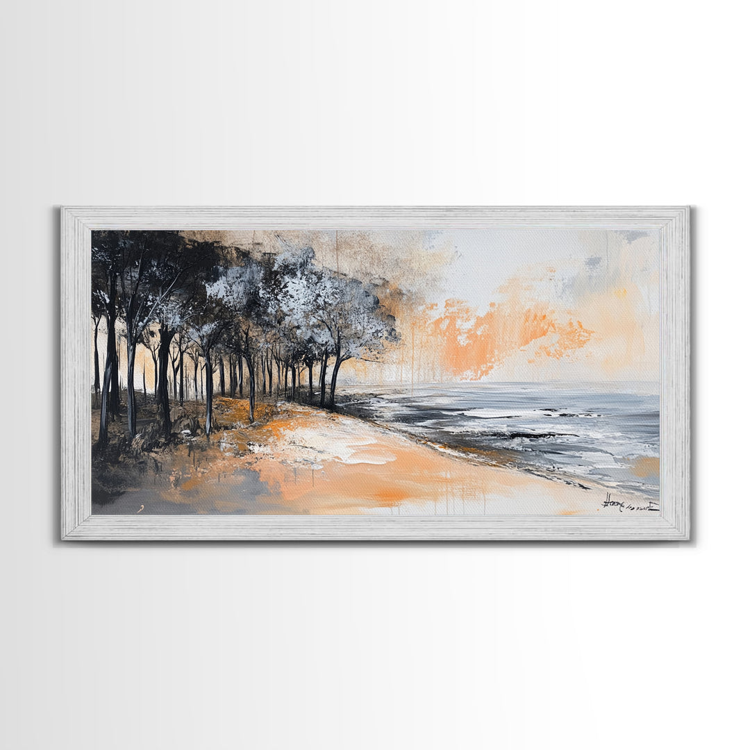 Coastal Landscape, Framed Canvas Print, beach painting, ocean wall art, panoramic painting, extra wide art, above sofa art