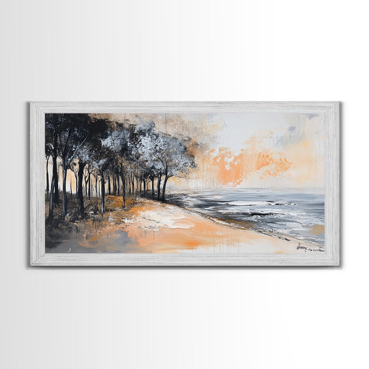 Coastal Landscape, Framed Canvas Print, beach painting, ocean wall art, panoramic painting, extra wide art, above sofa art