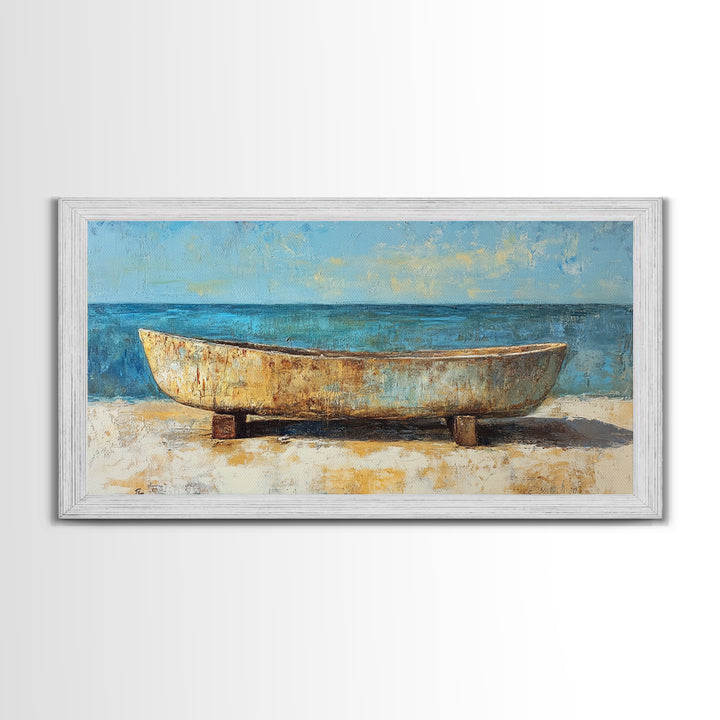 Rustic Boat, Framed Canvas Print, coastal wall art, nautical decor, rustic art, extra wide painting, panoramic painting
