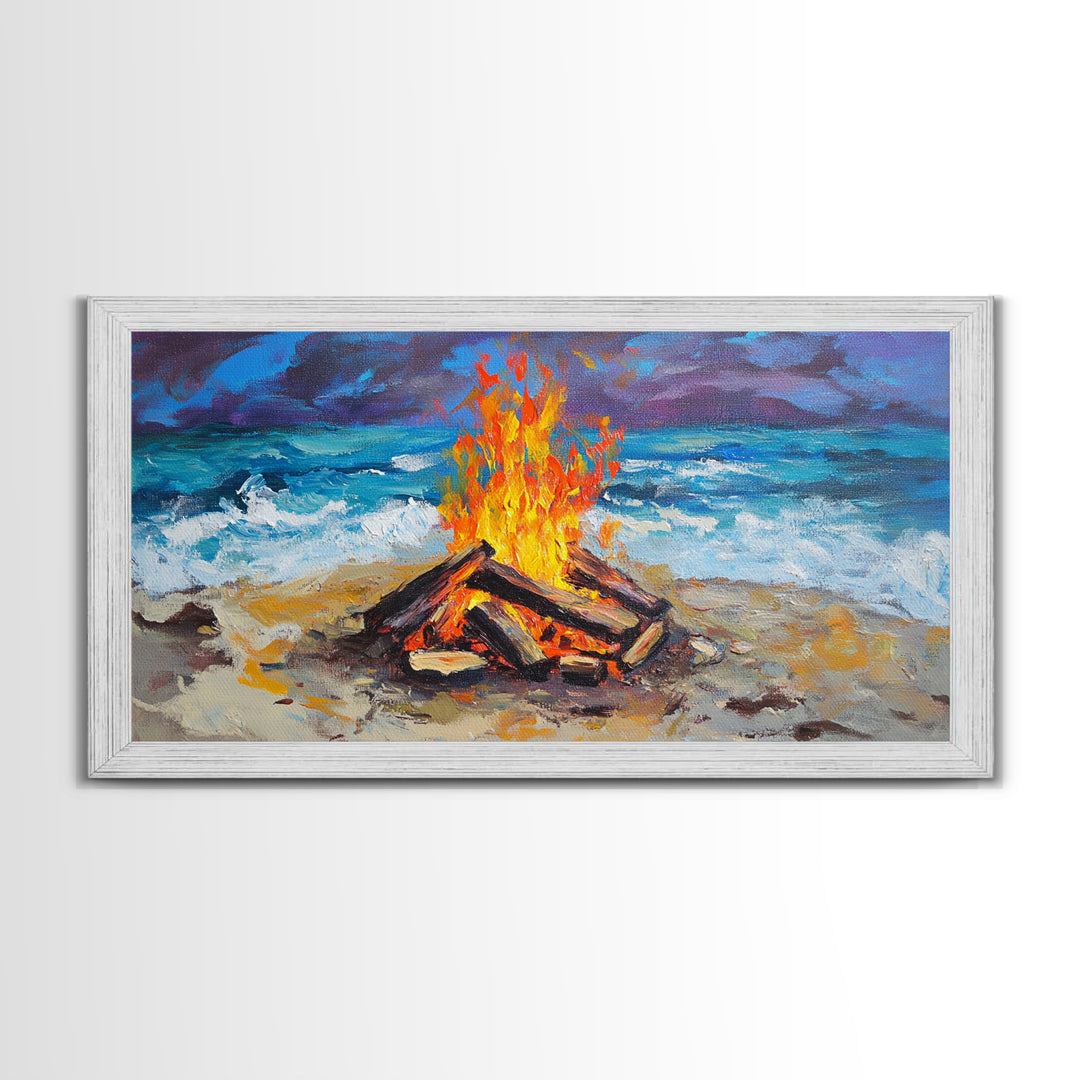 Beach bonfire, coastal decor, surf wall art, nautical painting, ocean fire, rustic wall art, horizontal wall art, canvas print, seascape