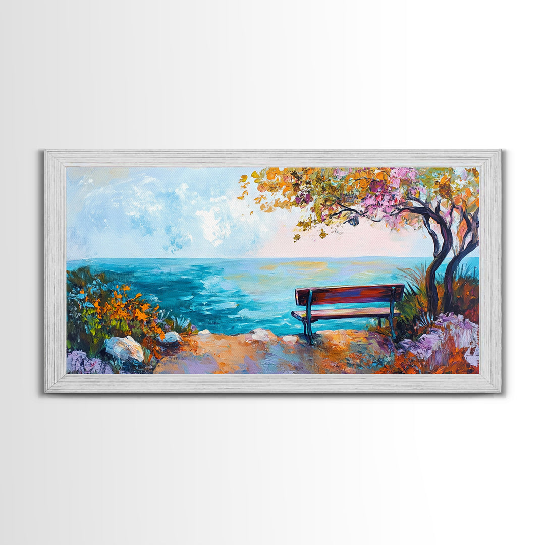 Bench, ocean view, autumn tree, Canvas Print, coastal landscape art, seascape painting, above bed wall art, extra wide art