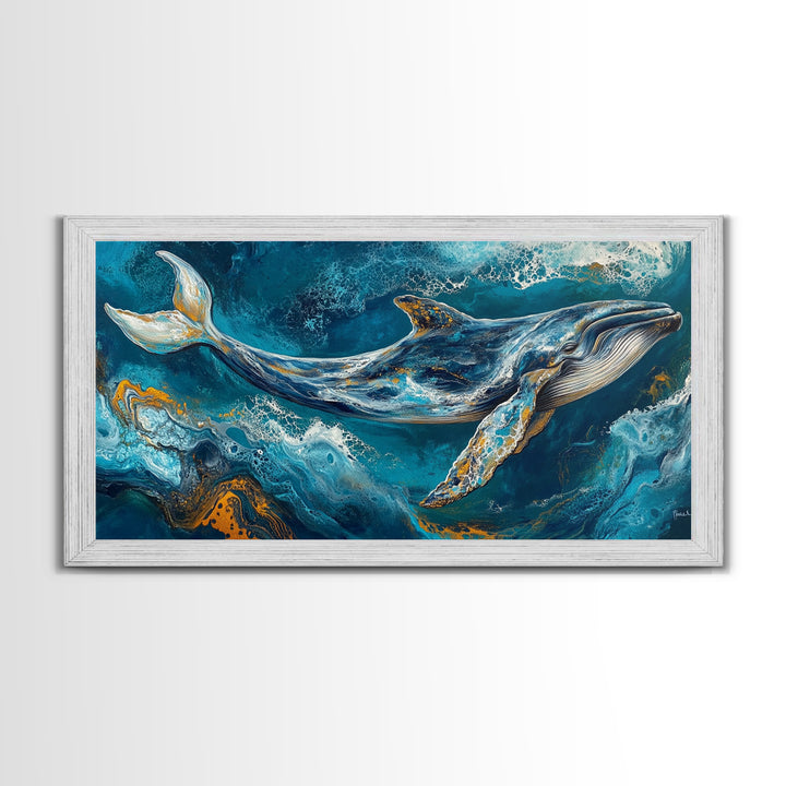 Blue whale, ocean waves, Canvas Print, whale painting, nautical decor, coastal wall art, seascape painting, extra wide art