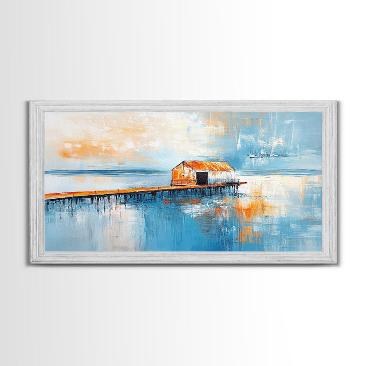 Dock, rustic barn, reflection, Canvas Print, barn landscape oil painting, coastal decor, nautical painting, panoramic art