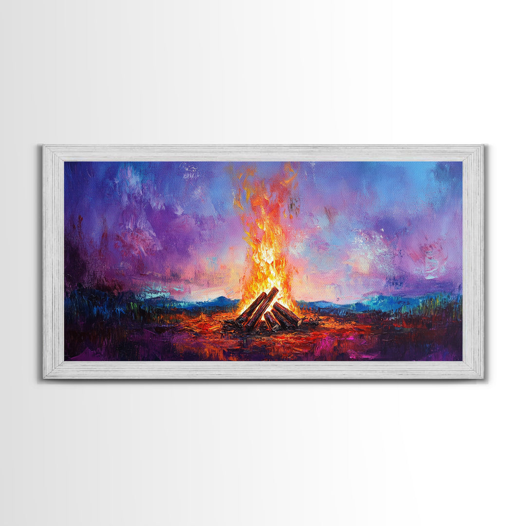 Campfire painting, rustic decor, boho art, mountain painting, cozy fire, scenic landscape, extra wide art, framed canvas print, warm glow