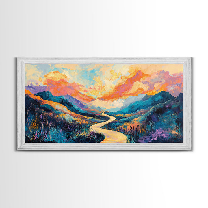 Abstract Landscape, Vibrant Sunset, Mountain Painting, Canvas Print, Extra Wide Art, Panoramic Art, Bedroom Art, Above Sofa Art