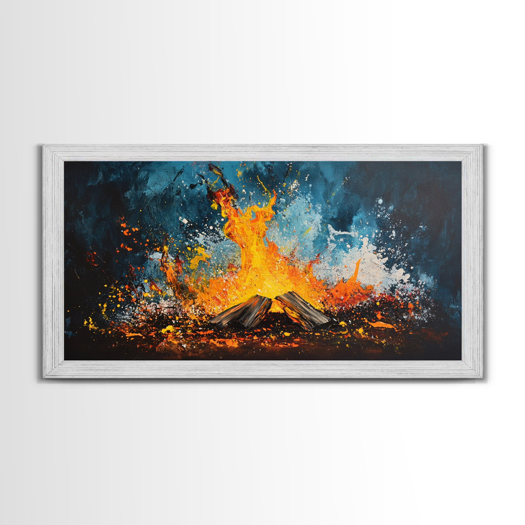 Abstract fire, moody art, geometric wall art, boho decor, flame painting, rustic wall art, extra wide art, framed canvas print, teal wall art