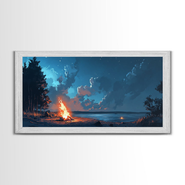 Campfire by lake, coastal decor, nautical wall art, scenic night, moody painting, extra wide art, panoramic art, canvas print, above sofa art