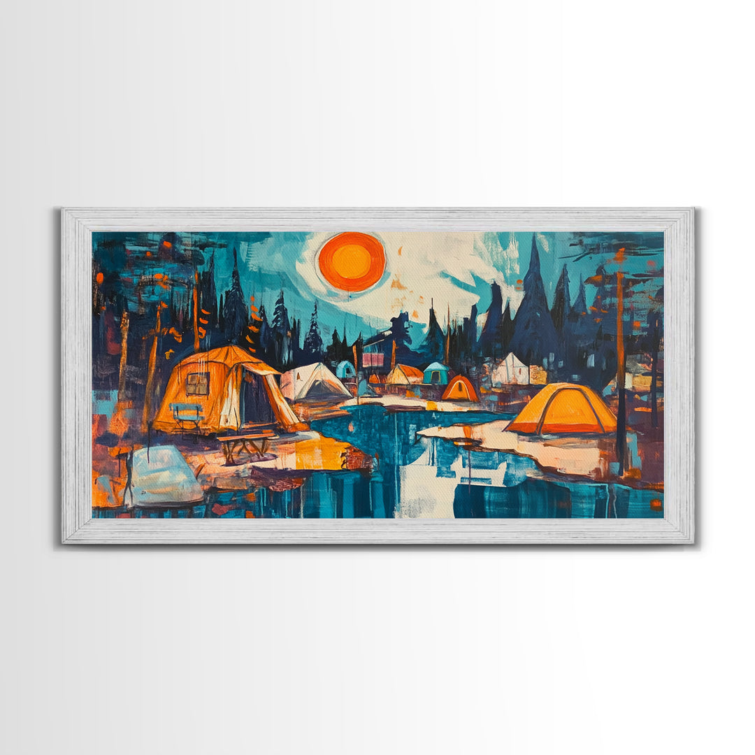 Camping painting, rustic wall art, pine tree art, mountain painting, nature lovers, warm glow, framed canvas print, wabi sabi art, moody art