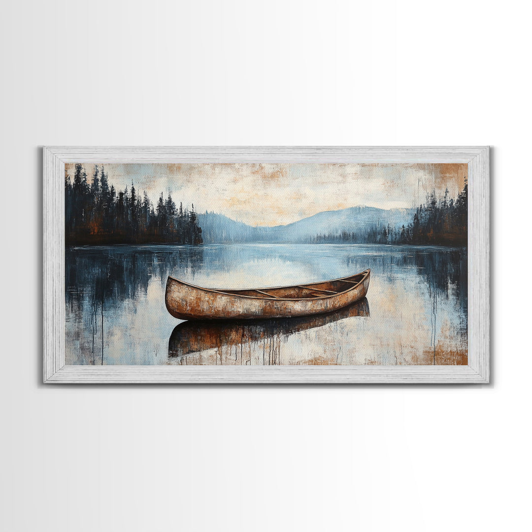 Canoe painting, lake decor, mountain painting, rustic wall art, serene landscape, farmhouse art, extra wide art, framed canvas print, nautical