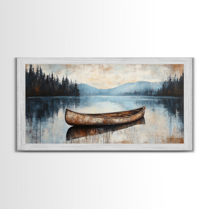 Canoe painting, lake decor, mountain painting, rustic wall art, serene landscape, farmhouse art, extra wide art, framed canvas print, nautical