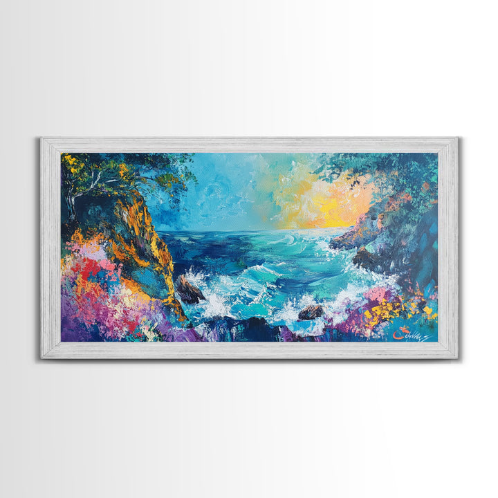 Coastal Cliff, vibrant ocean painting, surf wall art, Hawaii art, seascape painting, colorful beach art, Framed Canvas Print, extra wide art