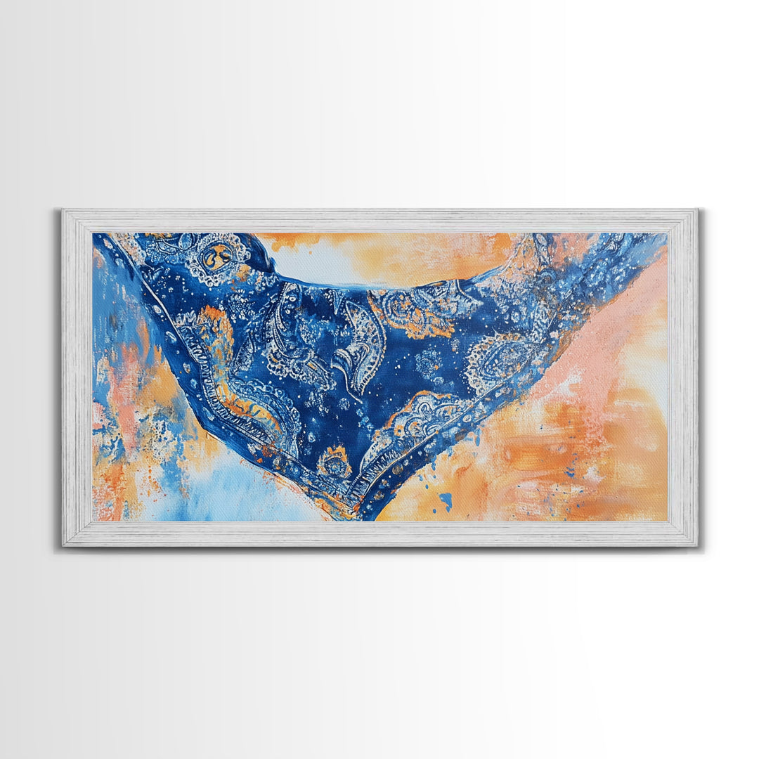 Bandana Print, Blue Wall Art, Vintage Art, Southwestern Art, Chinoiserie Wall Art, Extra Wide Art, Framed Canvas Print, Above Couch Art